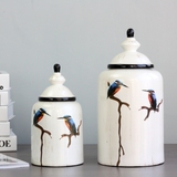 现代中式复古陶瓷珍珠白翠鸟将军罐储罐花瓶摆件 家居饰品软装礼
