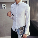 春季男装纯色衬衣 男士韩版修身刺绣尖领弹力长袖衬衫C149P50