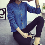 2016春学院风韩版中长款BF大码牛仔衬衫女士打底衫长袖衬衣上衣