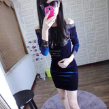 韩版新款一字领金丝绒蕾丝拼接连衣裙修身显瘦长袖打底裙一步包裙