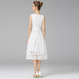 气质白色蕾丝长裙沙滩裙 中长款无袖连衣裙 欧洲站2016夏装新款