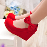 春秋新款女红色结婚鞋高跟防水台单鞋新娘鞋坡跟婚礼鞋孕妇红鞋子