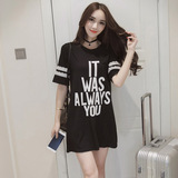 韩国夏季女装短袖学院风字母连衣裙纯棉短裙长款T恤女装