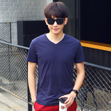 夏季男士短袖T恤韩版修身青少年休闲V领纯棉色大码学生新款男装潮