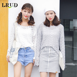 LRUD2016秋夏新款韩版圆领宽松套头罩衫女长袖薄款针织衫镂空上衣