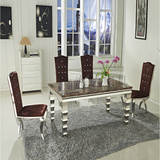 大理石餐桌椅组合简约后现代不锈钢小户型饭桌中欧式钢化玻璃餐台