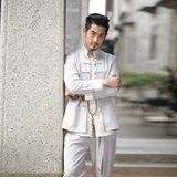 中国风亚麻男士唐装青年长袖外套中式盘扣男装棉麻加肥加大码宽松