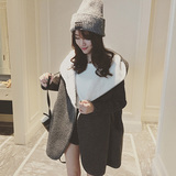 2015秋冬装韩国东大门新款毛线拼接袖羊羔毛连帽大码中长外套女