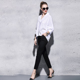 女式休闲套装欧洲站精品女装白衬衫+黑色哈伦裤欧美风格两件套爆