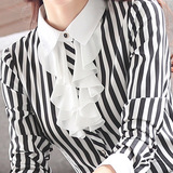 2015秋冬女士黑白条纹衬衫女长袖韩版修身ol显瘦职业正装大码衬衣