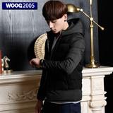 WOOG2005男士黑色连帽棉衣青年2015冬季新款加厚拼接棉服外套男潮