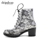 dripdrop 春夏新款 韩版优雅高贵 高跟蕾丝雨靴 透明马丁雨鞋女鞋