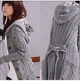 2015秋冬新款韩版格子帽毛衣修身女厚外套保暖针织开衫中长款线衣