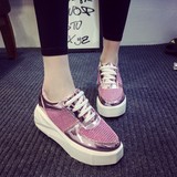 16春季新款韩版小白鞋亮面粉红色透气板鞋镜面女鞋单鞋学生鞋网鞋