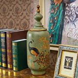 芮诗凯诗 蓝羽雀系列 欧式复古陶瓷做旧彩绘孔雀装饰储物罐 摆件