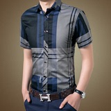 夏季男士格子短袖衬衫时尚纯棉修身型青年英伦半袖寸衫休闲衬衣服