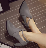 8秋冬新款复古女靴子黑色灰色尖头靴粗跟高跟靴绒面裸靴短筒靴
