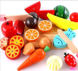 0755精品桶装15件木制磁铁蔬菜水果切切乐切切看过家家厨房玩具