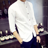 春夏季男士衬衫韩版修身纯色七分袖亚麻衬衣大码青年休闲中袖寸衣