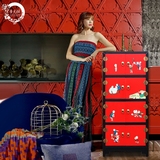 晋元恒新中式实木手绘漆柜红色婴戏图餐边柜角柜新古典装饰储物柜