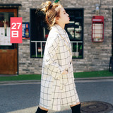 韩版2015秋冬新款大码修身羊毛呢子大衣显瘦格子毛呢外套女中长款