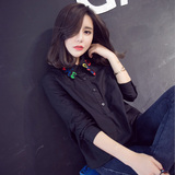 2015韩版修身长袖女黑色衬衫 中长款打底衫纯色韩范衬衫衬衣女冬
