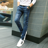 日系韩版新款 男装牛仔长裤 男士铅笔小脚裤 蓝色英伦潮流男裤