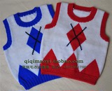 纯手工编织儿童毛衣 1-3周岁宝宝背心 蓝红菱形男女宝宝毛衣背心