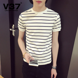 V37夏季男装男士条纹短袖T恤韩版潮男修身打底衫青年半袖体恤衣服
