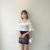 夏季新款韩版女纯色吊带露肩一字领雪纺衫荷叶袖显瘦套头上衣B111