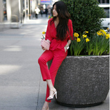 夏装红色套装时尚女装名媛气质优雅腰带上衣+西装裤OL韩版