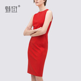 魅斑2016夏装新款女装圆领修身显瘦无袖背心打底裙气质红色连衣裙