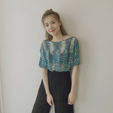 包邮 夏季女 韩版宽松蝙蝠型罩衫破洞镂空透视短款针织衫+F72