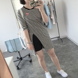 老婷家韩国夏装韩版修身显瘦中袖黑白条纹上衣开叉T恤女中长款
