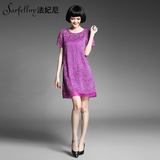 法妃尼2016夏新款欧美时尚紫色短袖蕾丝镂空圆领拼接欧根纱连衣裙