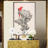 手绘油画客厅背景装饰画 新中式小鸟鹦鹉 玄关挂画竖版 现代简约