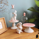 ☆家居装饰品创意工艺礼品美式陶瓷兔子玻璃罩客厅餐厅摆件D0095