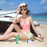 韩国海边沙滩度假甜美游泳衣女遮肚显瘦小胸聚拢连体裙钢托泳装