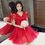 2016新款韩式一字肩新娘红色结婚敬酒服短款大码显瘦宴会晚礼服夏