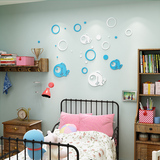 创意3D泡泡小鱼立体墙贴木质可移除客厅卧室儿童房背景墙装饰壁贴