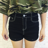 韩版夏季女装新款白线卷边黑色高腰弹力紧身包臀牛仔裤短裤热裤女