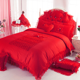 韩版全棉床罩蕾丝公主风婚庆纯棉床裙1.5m1.8米床上用品四件套红