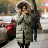 2015冬季新款韩版纯色时尚休闲宽松拉链带毛领中长款连帽棉衣女潮