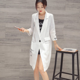 2016夏装新款薄款小西装女外套七分袖中长款韩版休闲白色棉麻西服