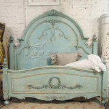 法式仿古做旧实木雕花水洗蓝双人床婚庆床美式古董家具地中海家具
