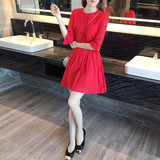 依雪坊2016秋装新款女装韩国高腰红裙子网红明星同款红色连衣裙