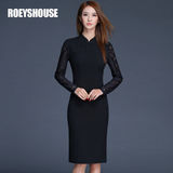 罗衣原创2015新款复古立领蕾丝侧开叉修身黑色打底女连衣裙EF5511