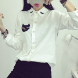 2016春季新款衬衫女长袖日系学生森林猫咪刺绣翻领白色衬衣打底