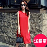 2016夏新款韩版显瘦红色背心裙圆领大码百褶中长款宽松雪纺连衣裙