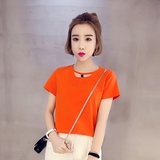 蘑菇街2016夏季新款短袖上衣学生修身女装圆领纯色韩版甜美T恤潮